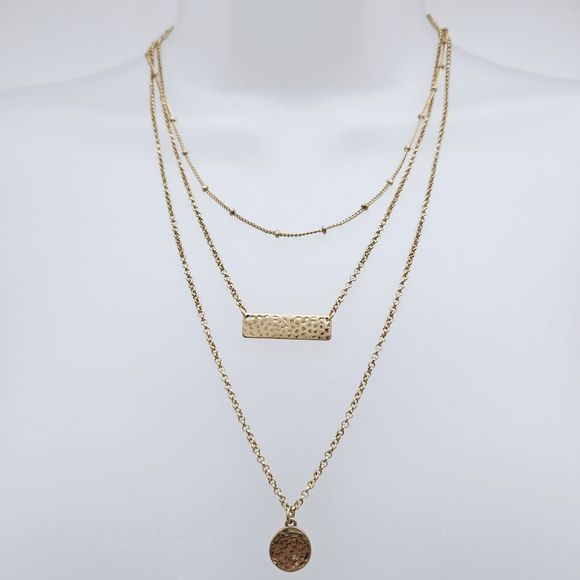 Bancroft Layered Necklace Gold Tone Hammered Pendants Triple Strand Draping - Picture 3 of 9